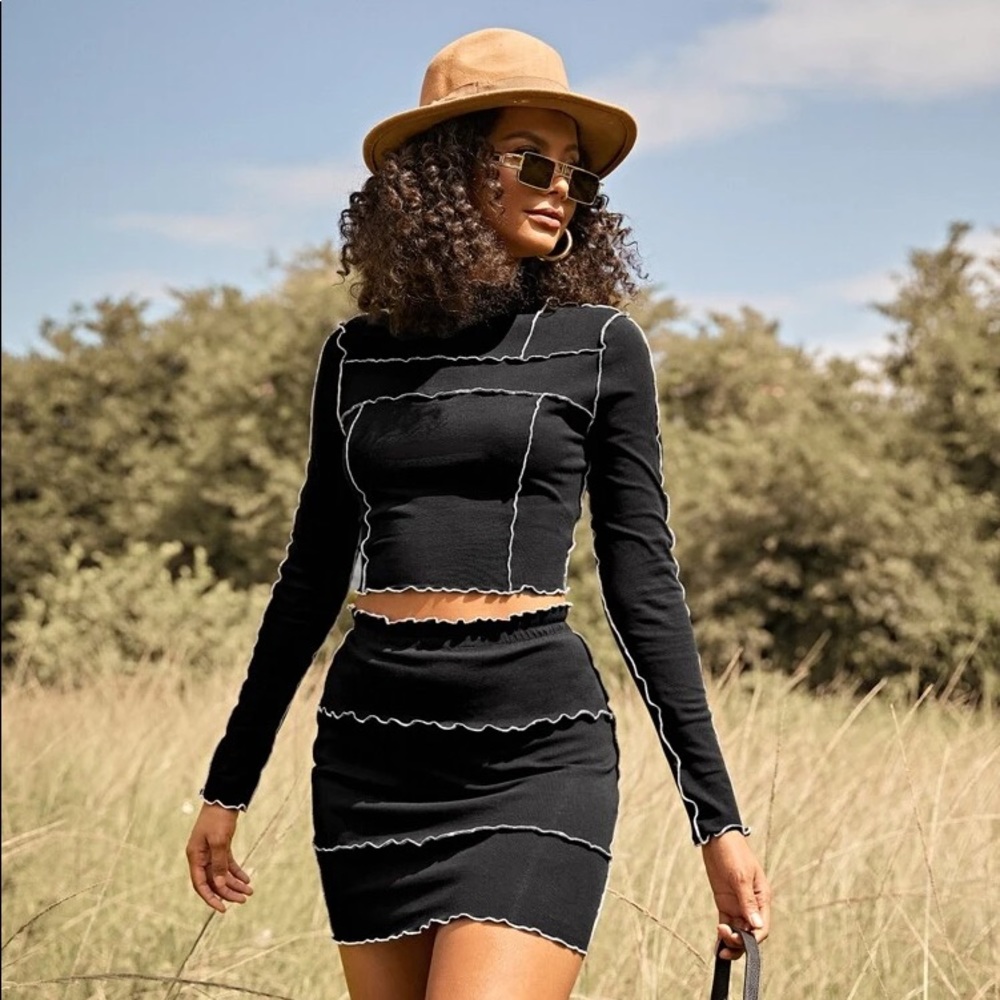 Black & White Lined Two Piece Skirt & Top